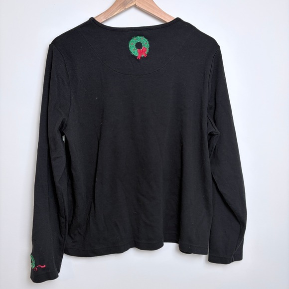 Vintage Christmas Holiday Shirt Long Sleeve Women XL Tee Embroidered Cats Wreath - Picture 2 of 7